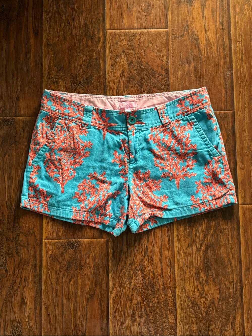 Lilly Pulitzer Teal and Coral Coral-Print Jean Shorts
